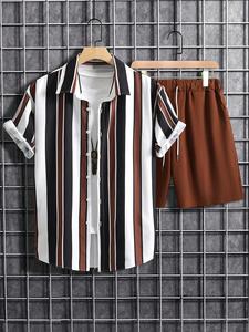Plus Size Men's Colorblock Striped Print Button Front Shortsleeve Shirt & Drawstring Waist Shorts Set, Regular Fit Casual Short Sleeve Collared Top & Pocket Shorts, Men's Outfits for All Seasons, Sets for Men Clothing, Menswear, Summer Clothes Set