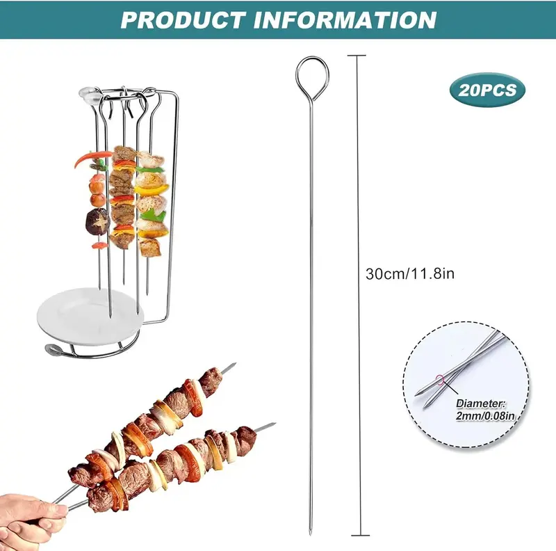 30cm Kebab Skewers Stainless Steel, 20pcs Metal BBQ Kebab Grill Skewers Sticks Reusable Long Metal Chicken Barbecue Skewer for Fruit Meat BBQ Kabob 1