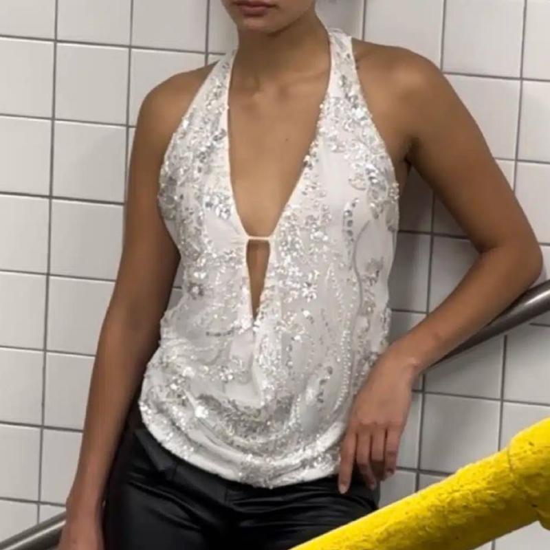 Boho Beaded Embellished Tank Tops Sequin Sparkly Shiny Sleeveless Shirt Vest Women Summer Vacation Y2K Sexy Crop Tops Going Out 8