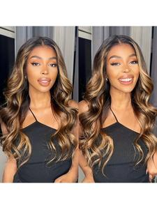 Women's 180% Density Human Hair Lace Front Wig with 5x5 HD Lace Honey Blonde Ombre Balayage Highlights #4/27 ( Brown to Blonde Gradient), Pre-Plucked Baby Hair, Body Wave Texture, Brown Roots & Blonde Ends, Suitable for All Beige Tones, Comfortable