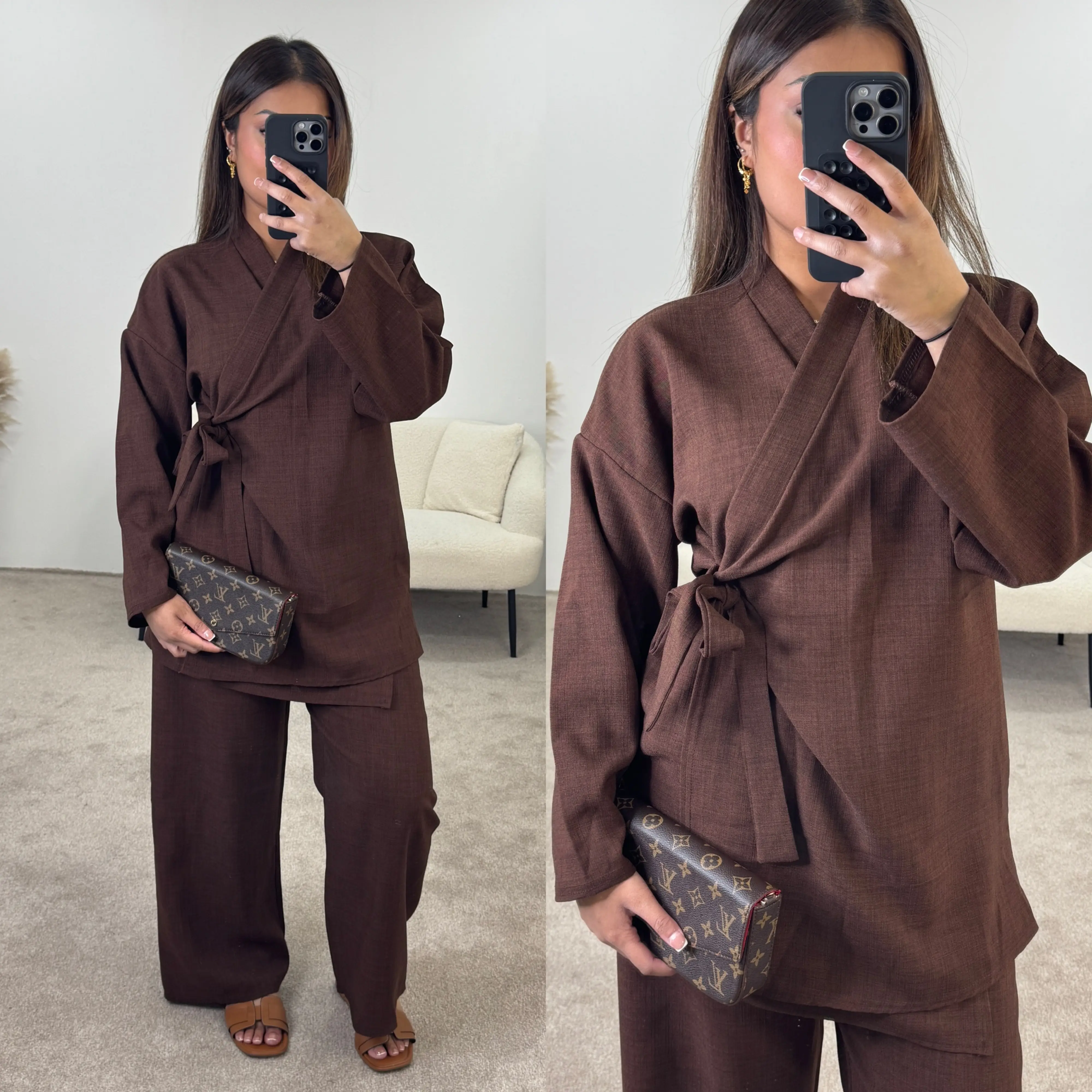 Hush Catties Linen Feel Kimano Style Two Piece Coord Set With Wide Leg Trouser Coord Set Summer Fashion,ModestWear UK Size 8-16 Suits Outfit Overall