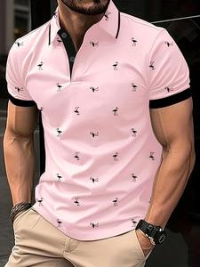 Men's Flamingo Print Polo Shirt, Regular Fit Casual Short Sleeve Collared Top for Summer, Fashion Men's Clothes for Daily Wear