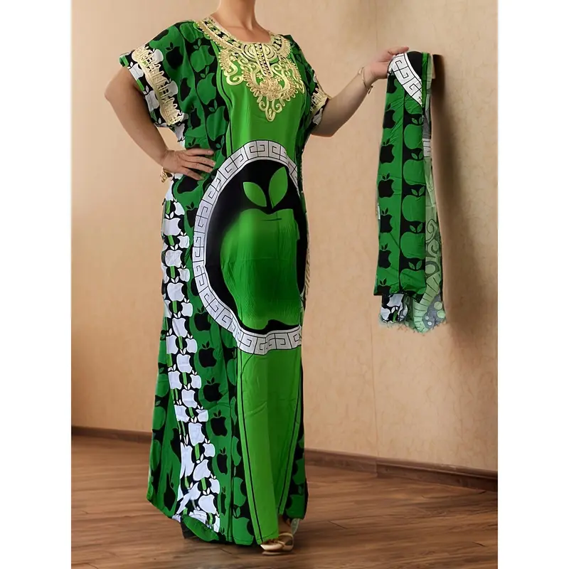 Elegant Plus Size Floral Print Kaftan - Breathable Polyester Round Neck Short Sleeve Maxi Dress for Women - Machine Washable, Perfect for Ramadan & All Seasons 1