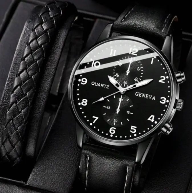 Men Watches, Leather Watch, Fashion Casual Classic Three-eye Black PU Leather Bracelet for Men for Daily Wear or Holiday Gift