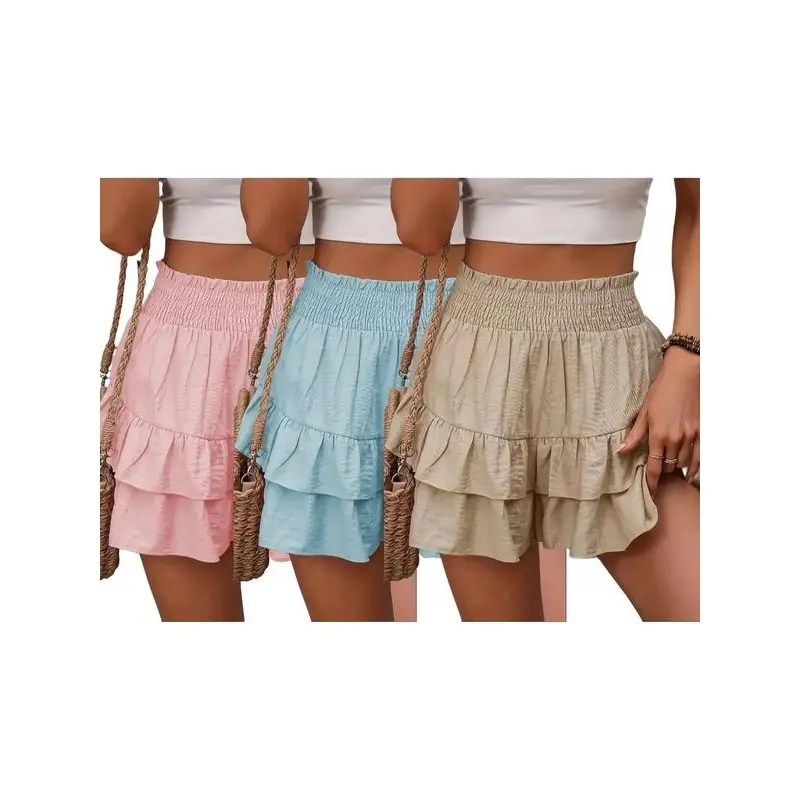 Women's Frill Trim Ruffle Hem Shirred Shorts, Boho Casual Shorts for Spring & Summer, Summer Shorts for Women, Back To School, Ladies Elegance Minimalist Shorts, Wide Leg Shorts for Women, Ruffle Shorts, Going Out Bottoms Womenswear Comfort Basic 7