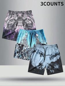 Men's Regular Fit Skeleton Print Shorts, Casual Comfy Breathable Shorts for Summer, Men's Bottoms for Beach Vacation