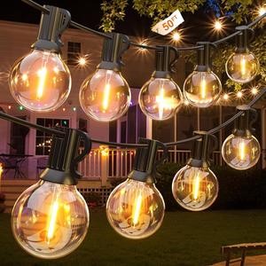 GLUROO Outdoor LED String Lights Mains Powered, 50FT Festoon Lights with 26pcs Shatterproof Plastic G40 Bulbs, Waterproof IP45 for Garden, Backyard, Bistro