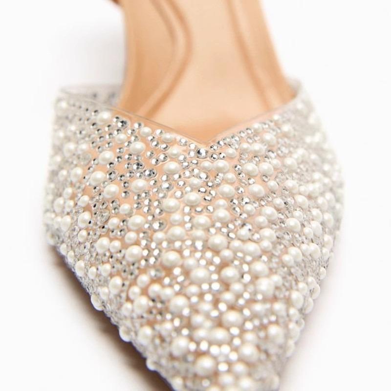 New Summer High Heel Sandals With Pointed Tip Fine Heel Shallow Mouth Rear Hollow Pearl Decoration Strap Back Women's Sandals 3