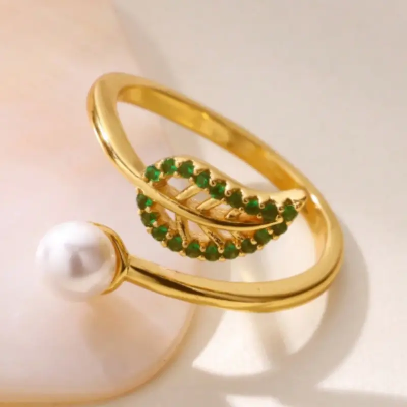 Open Zirconia Leaf Rings for Women Adjustable Gold Pearl Ring 2025 New Fashion Wedding Jewelry Gift for Couple 2