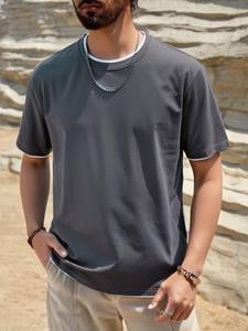 Men's Solid Top Stitching Chain Decor Tee, Loose Casual Comfy Round Neck Short Sleeve T-shirt for Summer, Fashion Men's Top for Daily Wear, Tropical