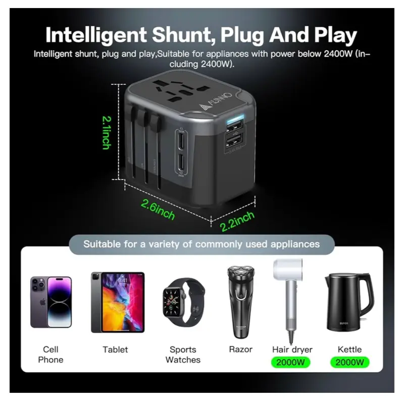AUNNO Universal Travel Adapter, International Travel Plug Adapter with 2 USB-C and 2 USB Ports, All in One Plug Adaptor with Dual Safety Fuses, UK to European Plug Adaptor 6