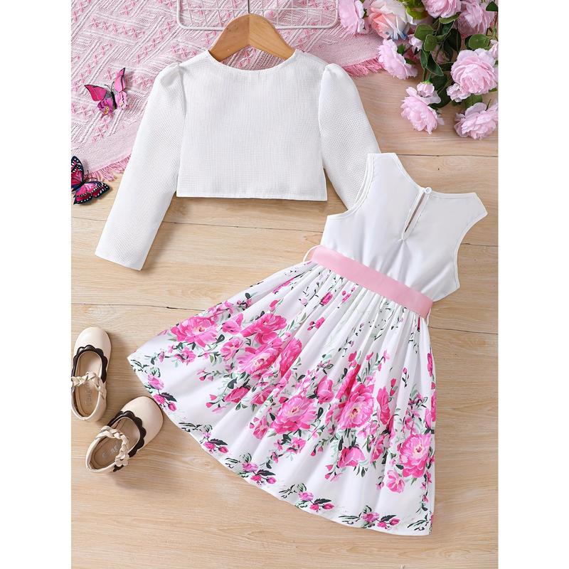 Girls' Spring Fashion 2pcs Set, Floral Print Dress with Belt Detail and Matching Cardigan, Crew Neck, Regular Fit, Polyester 100%, Non-Stretch Woven Fabric, Belted Dress for Kids, for Outdoor 5