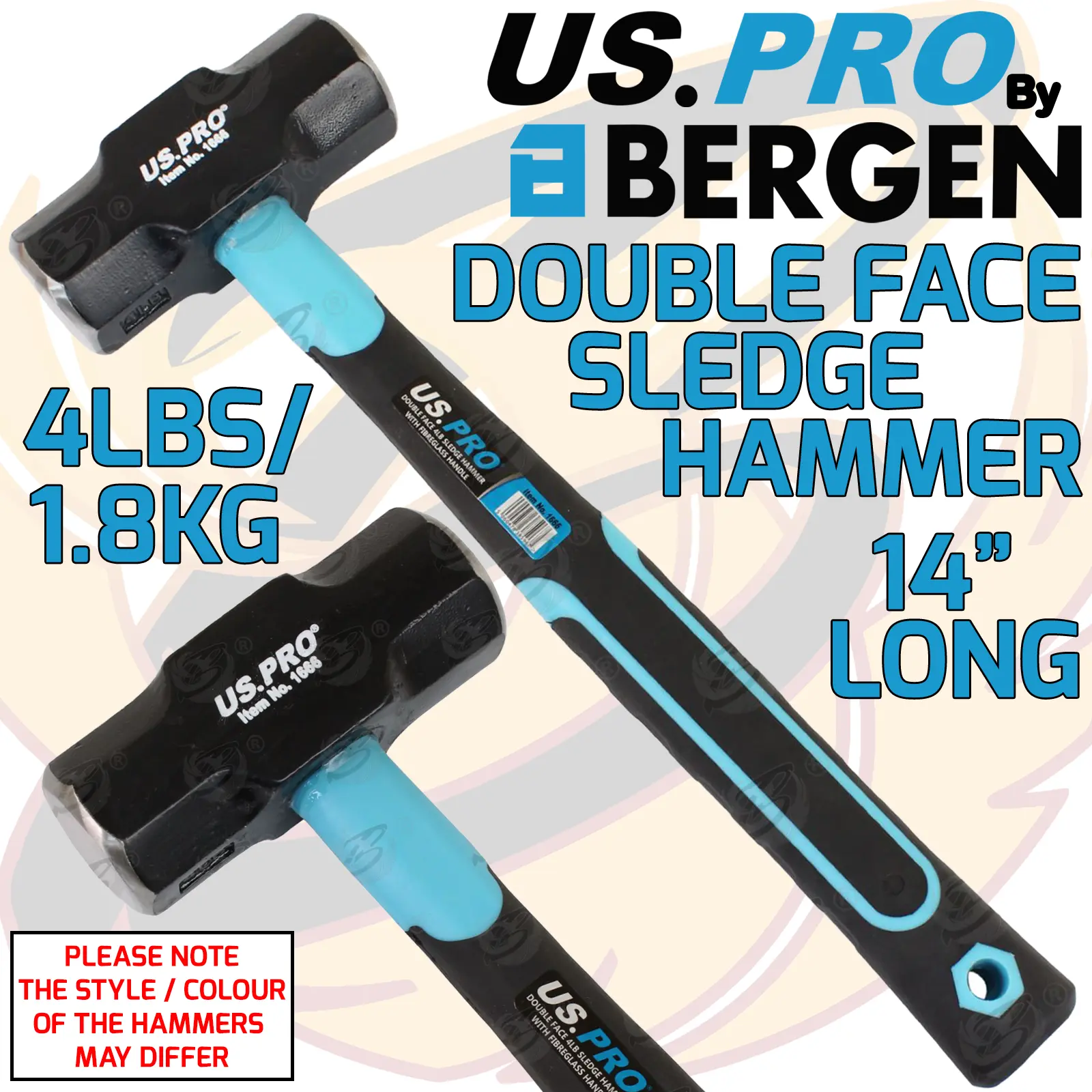 US PRO 4lbs Sledge Hammer 1.8kg Handle 14 inch Long Sledge Hammer Double Face