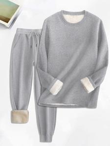 Women's Solid Thermal Lined Pullover & Pocket Drawstring Waist Pants Set, Casual Fashion Cozy Warm Outfits For Daily Wear, Women's Clothing For Fall & Winter