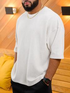 Men's Solid Color Corduroy Thong Design Tee, Loose Casual Fashion Short Sleeve T-shirt for Summer, Men's Top for Daily Wear