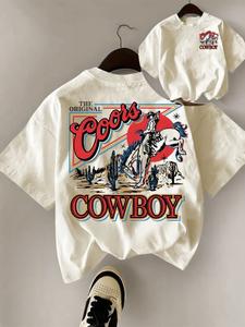 Women's Vintage Cowboy & Letter Print Round Neck Tee, Casual Style Short Sleeve T-shirt for Daily Wear, Ladies Summer Outfit, Top