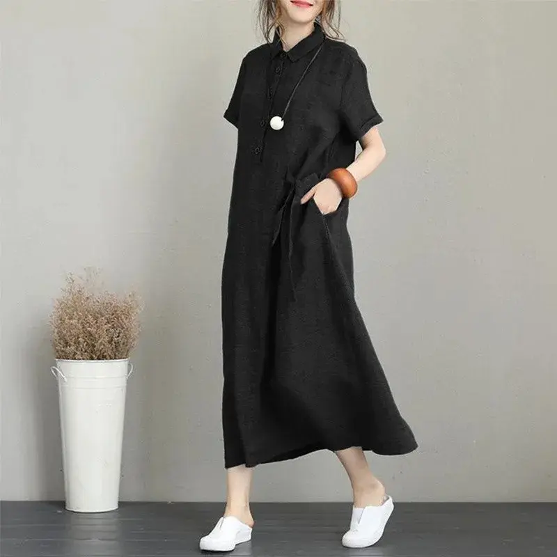 Cross-Border Joy Women's Summer New Short Sleeve Loose-Fit Pocket Solid Color Cotton Linen Lapel Casual Dress 5
