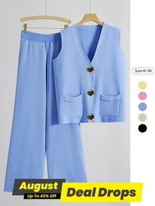 Two-Piece Set Women's Solid Color V Neck Button Up Tank Top & Wide Leg Pants, Casual Fashion Cozy for Daily Outdoor Wear, Ladies Clothes for All Seasons, Suits