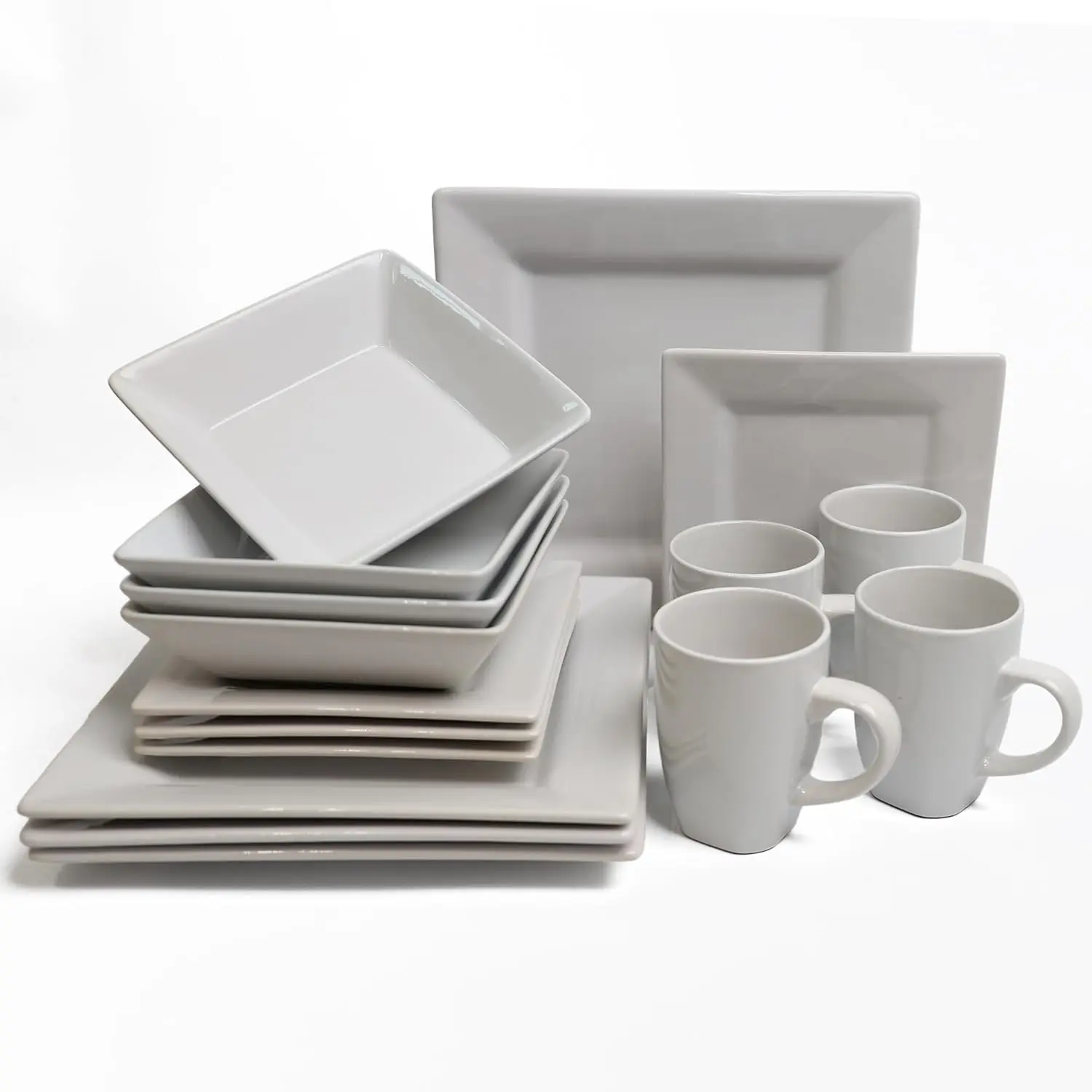 16 Piece Dinnerware Set Square Kitchen Dinner Sets For 4 | Dessert Plates | Cereal Bowls | Mugs | Side Plate | Tableware | Combination Sets - Dishwasher Microwave & Oven Safe (White)