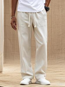 Men's Solid Color Drawstring Waist Linen Pants, Regular Fit Casual Comfy Pocket Straight Leg Trousers for Spring & Fall, Fashion Men Bottoms for Daily Wear
