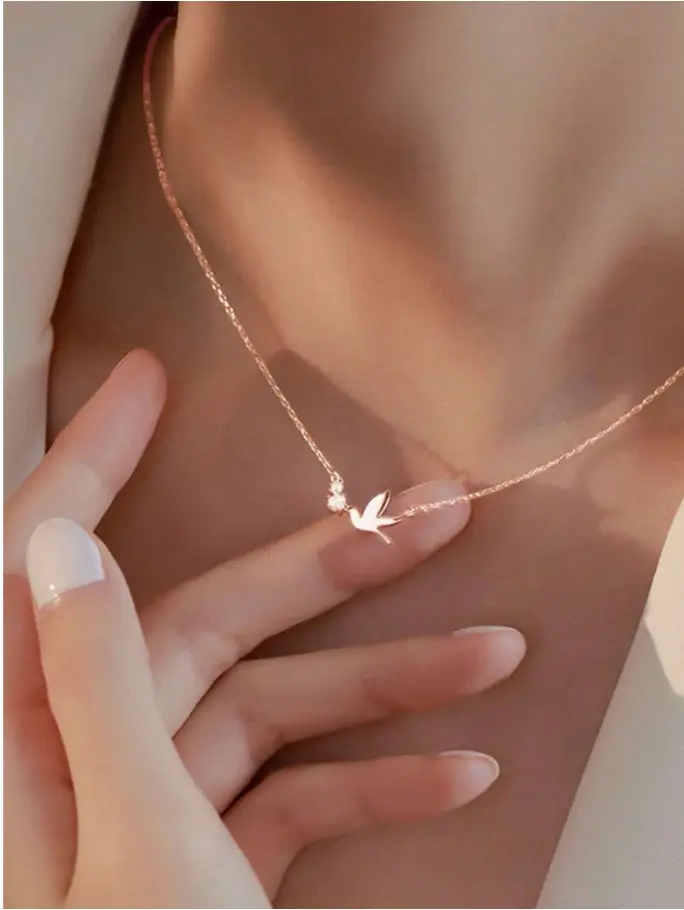 Cubic Zirconia Decor Bird Charm Necklace