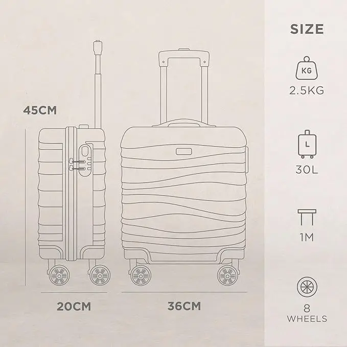 Wave Cabin Suitcase 45x36x20cm - Lightweight Double Wheel Luggage Bag, 2 Internal Pockets, Telescopic Handle 3 Heights, Durable ABS Hard Shell - Approved by Most Airlines 2