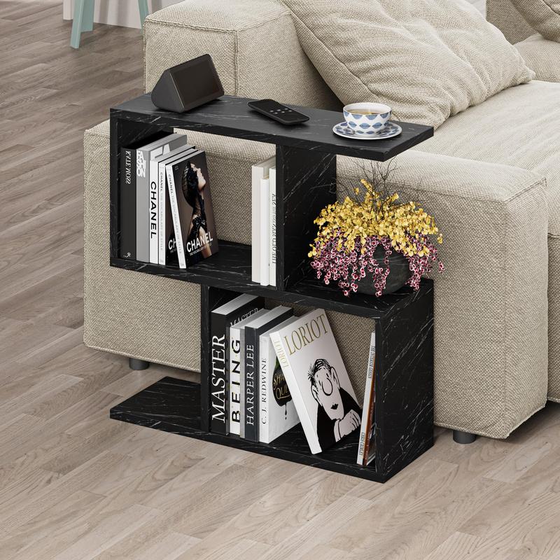 HOCUS PICUS 2 Tier Storage End Side Table - Versatile C Table - 60x60x19.50cm - Shelves Organizer Office Living Room End Desk Stand Display (Black Marble Effect) 0