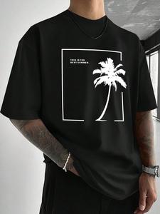 Men's Letter & Palm Tree Print Round Neck Tee, Loose Casual Short Sleeve Crew Neck T-Shirt for Summer, Fashion Men's Top for Daily Wear