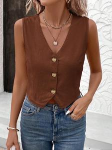 Women's Solid Color V Neck Button Front Vest Blazer, Casual Sleeveless Cropped Top for Summer, Ladies Clothes for Daily Wear