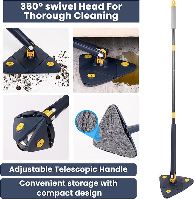 Triangular Cleaning Mop 360° Rotating Head Mop for Cleaning Walls Replacement Absorbent Microfibre Pad Wet Dry Cleaning Water Squeezing with Telescopic Handle Triangle Floor Window,White 4