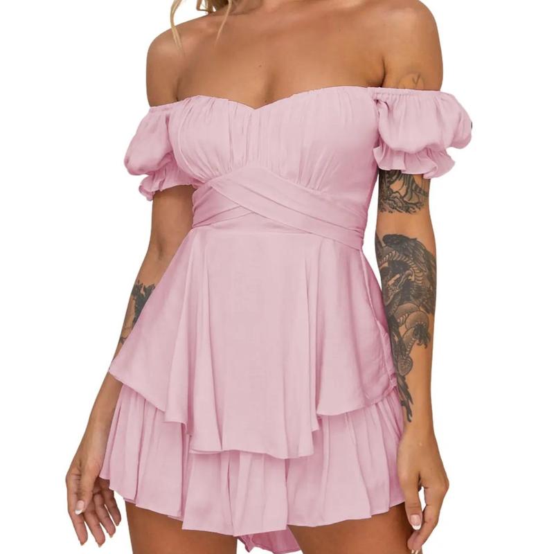 Women'S Jumpsuit Solid Color Fashion Sexy One-Shoulder Lantern Off-Shoulder Lotus Leaf Sleeve Casual Summer Women'S Shorts Skirt 5