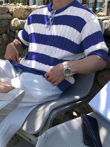 Men's Striped Print Jacquard Knitwear, Regular Fit Casual Short Sleeve Crew Neck Knitting Top for Summer, Fashion Men's Knit Clothing for Daily Wear, Gamis