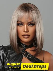 1 Piece Two Tone Ombre Synthetic Short Bob Wig with Bangs, Fashionable Straight Synthetic Hair Wigs Cut