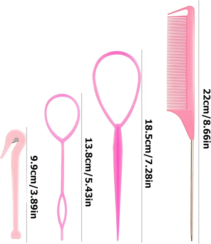4Pcs Topsy Tail Hair Tool Hair Looping Tool Hair Braiding Tool with Rat Tail Comb, Ponytail Loop Hair Bands Remover Cutter Fast Hair Styling Accessories for Hair Braid 1