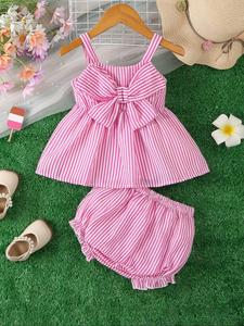Baby Girl's Striped Print Bow Decor Cami Dress & Frill Trim Shorts Set, Cute Two-piece Outfits for Baby Girls, Newborn Infant Kids Summer Clothes