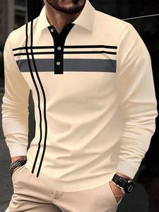 Men's Striped Print Button Front Polo Shirt, Regular Fit Casual Long Sleeve Collared Top for Spring & Fall, Fashion Men's Clothes for Daily Wear