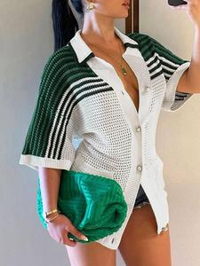 Women's Colorblock Striped Print Pocket Cardigan, Casual Fitted 3/4 Sleeve Knitwear for Daily Wear, Ladies Clothes for All Seasons, Cardigans for Women, Womenswear, Casual Everyday Wear, Casual Tops