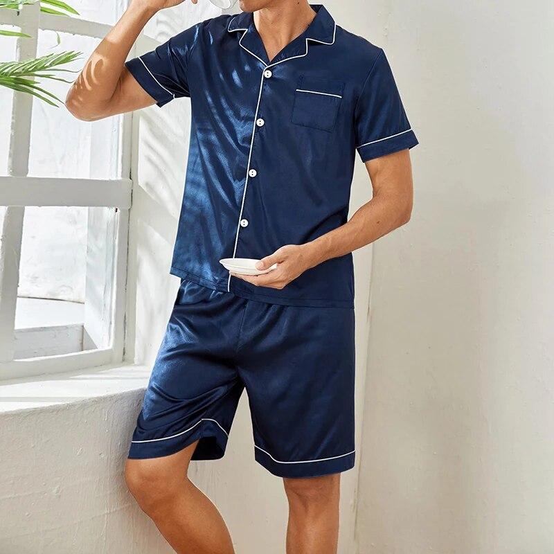 Men satin pajama set summer casual pajama button pocket short sleeved shirt with shorts casual pajama men two piece pajama set 3