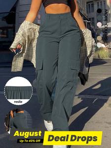 Women's Plain Flap Pocket Button High Waist Cargo Pants, Casual Elastic Waist Trousers for Fall & Winter, Ladies Bottoms for Daily Wear, Casual Streetwear Trousers