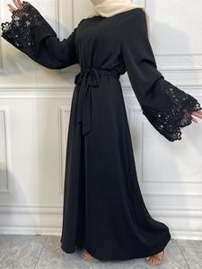 Women's Contrast Lace Belted Long Sleeve Dress, Elegant Modesty Solid Color Long Arabic Clothing, Muslim Dress for Women