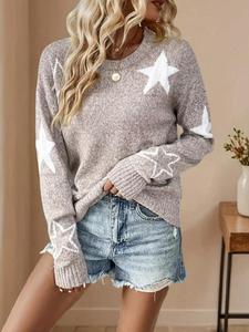 Women's Star Print Drop Shoulder Sweater, Regular Fit Casual Longsleeves Round Neck Jumper for Fall & Winter, Winter Sweaters for Women, Jumpers for Women, Fashion Ladies' Knitwear for Daily Wear Workwear for Women, Mam Jumper, Tops
