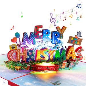 Christmas Card with Music and Light 3D Pop Up Paper with Envelopes Gift for Kids Friend Family