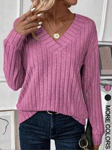 Women's Plain Drop Shoulder V Neck Ribbed T-shirt, Casual Long Sleeve Top for Fall & Winter, Women's Clothing for Daily Wear