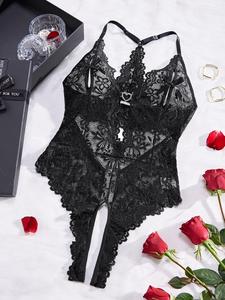 Women's Heart Decor Contrast Lace Sexy Lingerie Bodysuit, Sexy Hollow Out Flower Decor Crotchless Cami Lingerie Bodysuit, Women's Lingerie for All Seasons