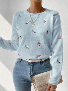 Women's Floral Embroidery Drop Shoulder Sweater, Casual Long Sleeve Round Neck Jumper, Ladies' Knitwear for Daily Wear