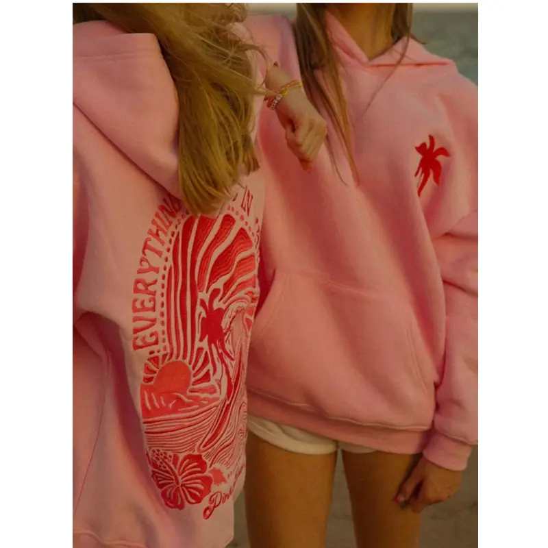 Embroidered pink Sweatshirt Women Harajuku Casual Loose Hooded Fashion Soft Pocket Hoodies Autumn Warm Female Clothes 2