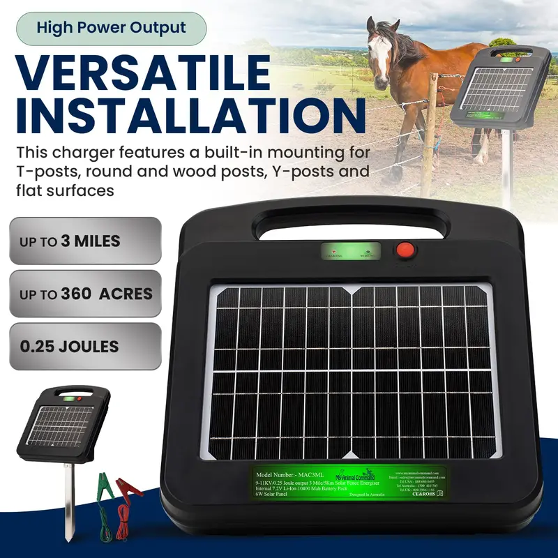 My Animal Command Solar Powered Electric Fence Charger 5 Km 0.25 Joules Output (9-11KV) Electric Fence Energizer Containment & Protection of Livestock, Horses, Cattle Sheep, Pets Easy Installation 2