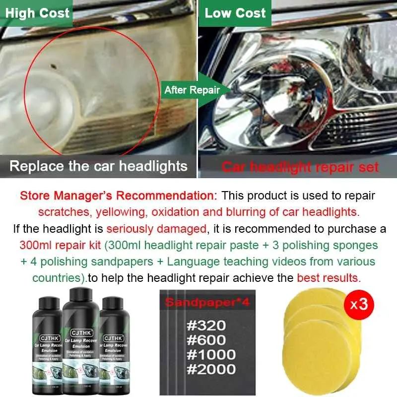 Car Headlight Restoration Polishing Kits Headlamp Scratch Remover Repair Cleaning Paste Remove Oxidation Headlight Polish Liquid 2