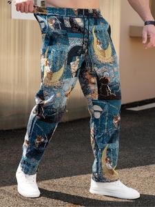 Men's All Over Print Straight Leg Pants, Casual Comfy Loose Fit Trousers for Daily Wear, Men's Bottoms for All Seasons