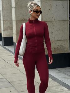 Women's Solid Zip Up Thumb Hole Jacket & Skinny Pants Two-piece Set, Casual Long Sleeve Stand Collar Outerwear & High Waist Leggings for Fall & Winter, Ladies Lounge Clothes for Daily Wear, Two Piece Sets Rave